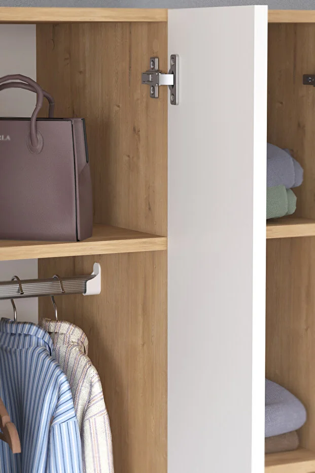 6 Kapaklı 16 Raflı Gardırop Elbise Dolabı 6 Kapaklı Gardırop Smyrna Safir Meşe Beyaz